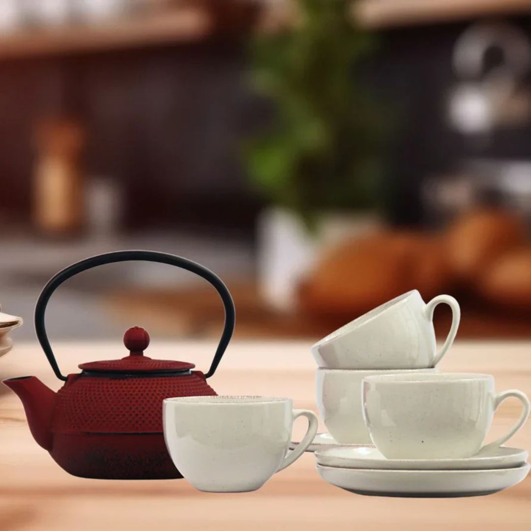 Pack 4 Tazas Positano Crema/Tetera Hierro Rojo
