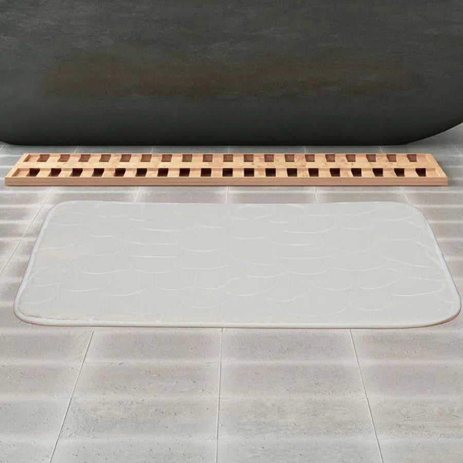 Pack 2 Piezas Alfombra Piedras Blanca/Tacho Tapa Bamboo Negro