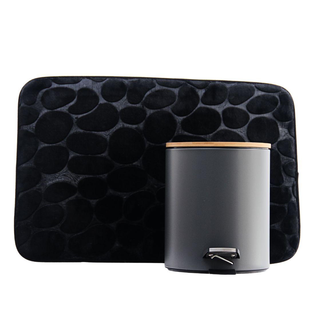 Pack 2 Piezas Alfombra Piedras Black/Tacho Tapa Bamboo Negro