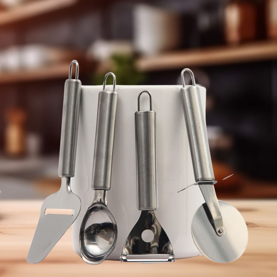 Pack 4 Utensilios Acero/Queso/Helado/Pelador/Pizza