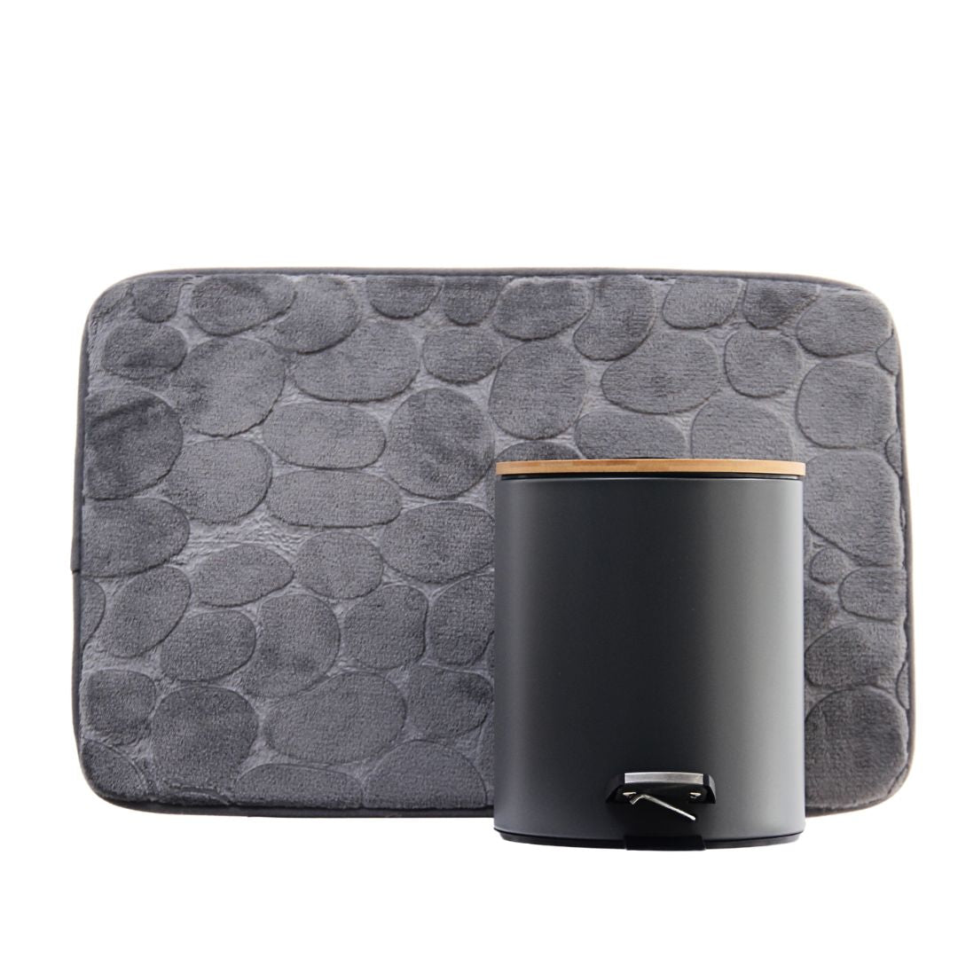 Pack 2 Piezas Alfombra Piedras Gris/Tacho Tapa Bamboo Negro