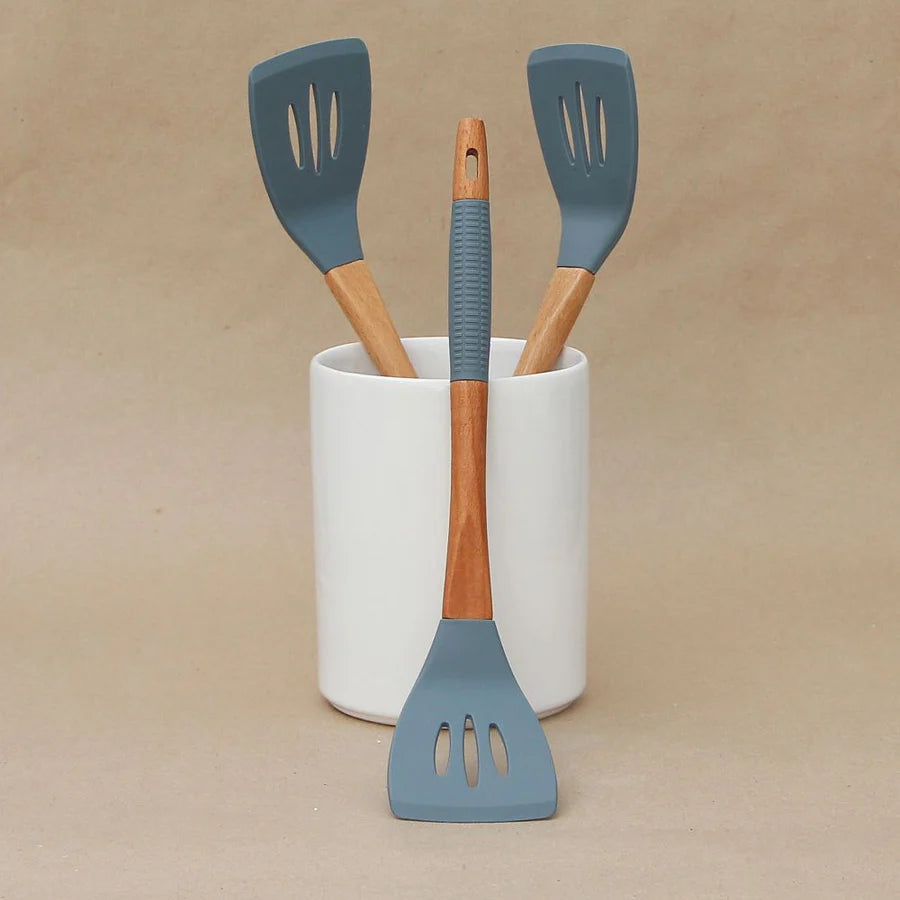 Pack 3 Utensilios Gris/Espumadera/Cuchara Pasta/Espátula Acanalada