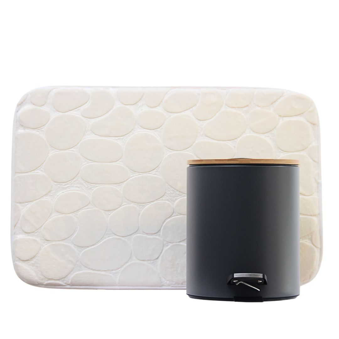 Pack 2 Piezas Alfombra Piedras Blanca/Tacho Tapa Bamboo Negro