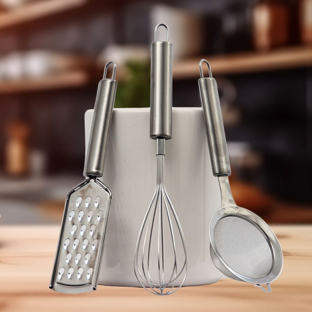 Pack 3 Utensilios Acero/Rallador/Batidor/Colador