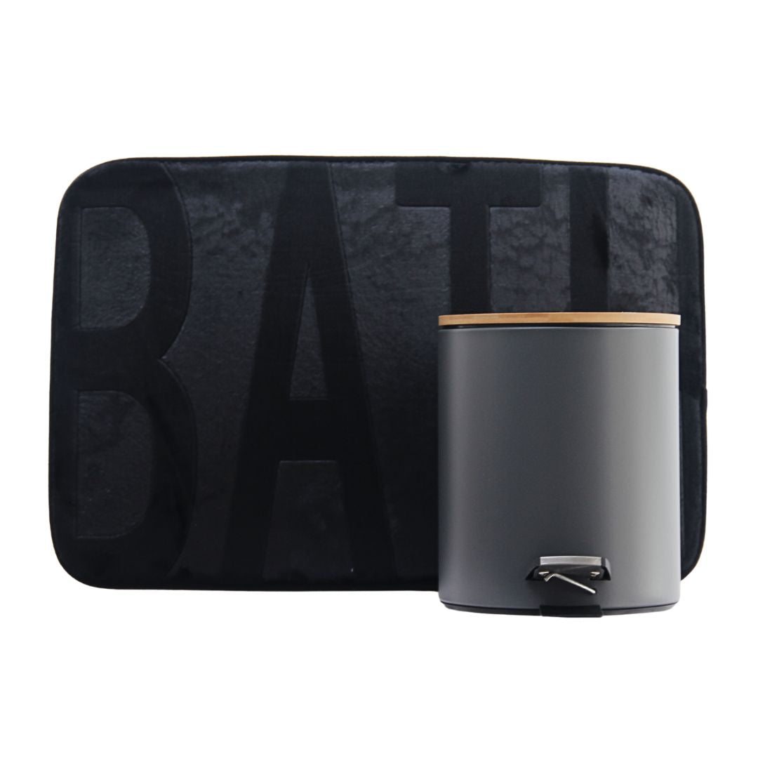Pack 2 Piezas Alfombra Bath Negra/Tacho Tapa Bamboo Negro
