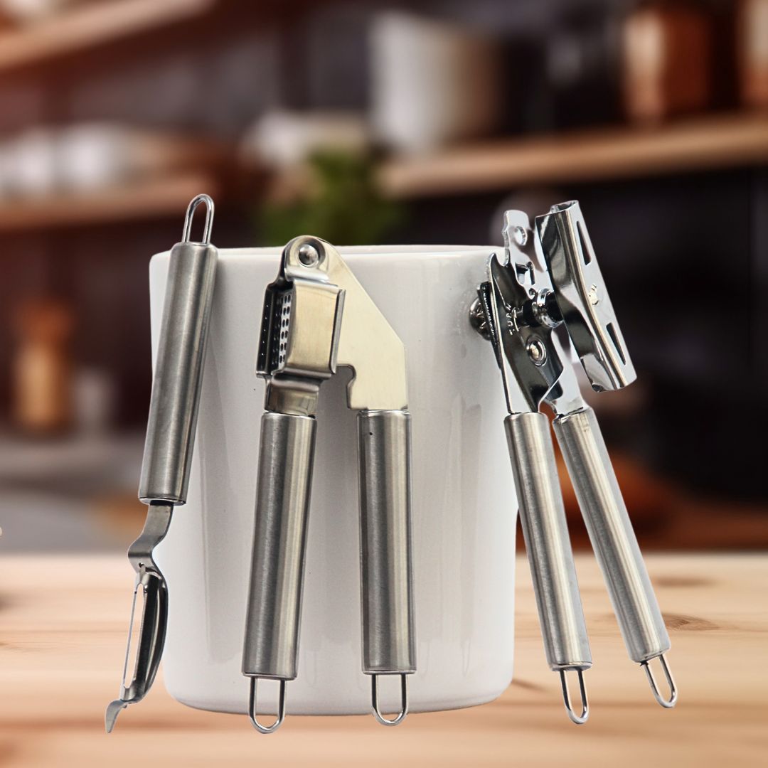 Pack 3 Utensilios Acero/Pelador Papas/Prensa Ajo/Abrelatas