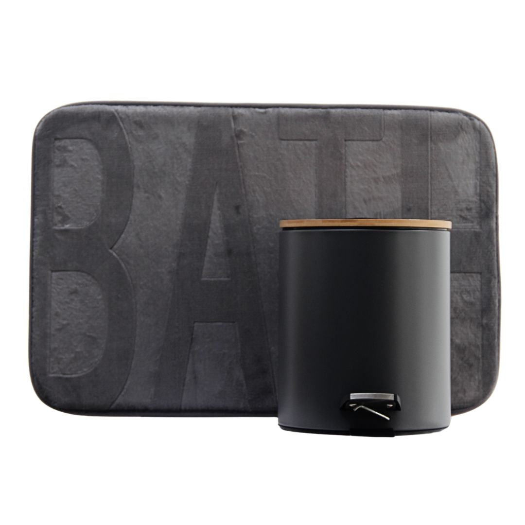 Pack 2 Piezas Alfombra Bath Gris/Tacho Tapa Bamboo Negro