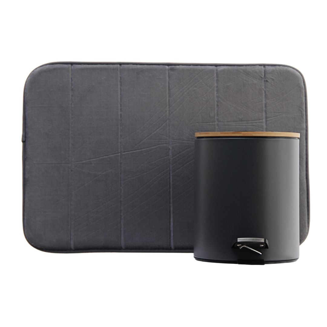 Pack 2 Piezas Alfombra Line Gris/Tacho Tapa Bamboo Negro