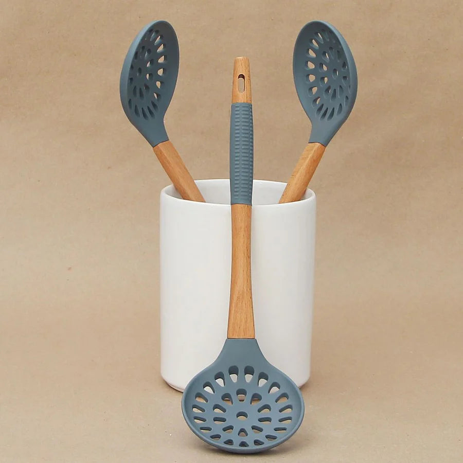 Pack 3 Utensilios Gris/Espumadera/Cuchara Pasta/Espátula Acanalada