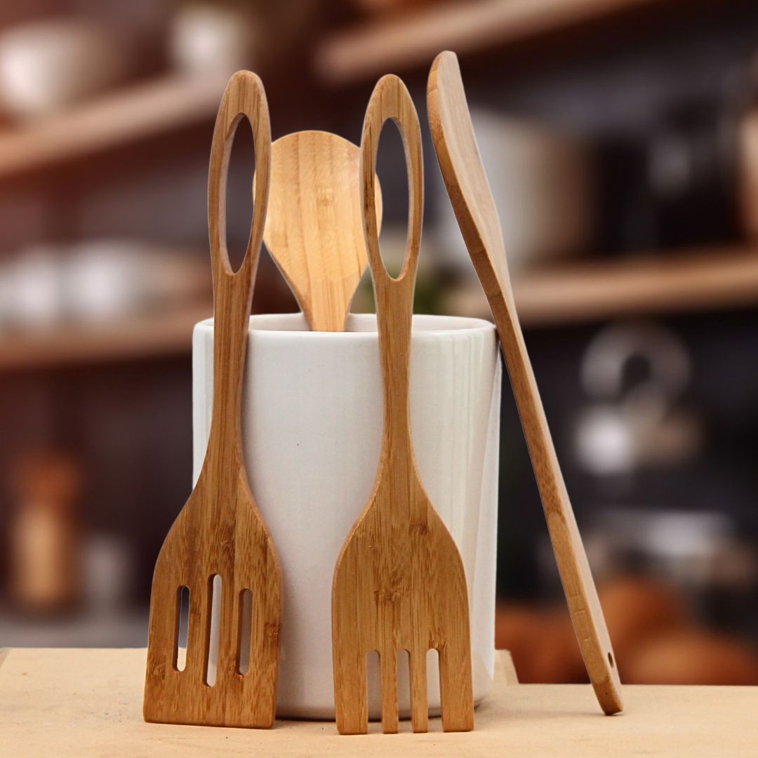 Pack 4 Utensilios Bamboo/Espatula Acanalada/Tenedor/Cuchara/Respostera