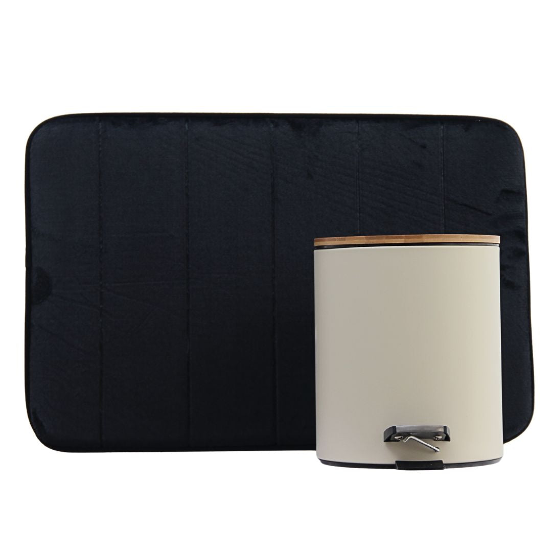 Pack 2 Piezas Alfombra Line Negra/Tacho Tapa Bamboo Beige