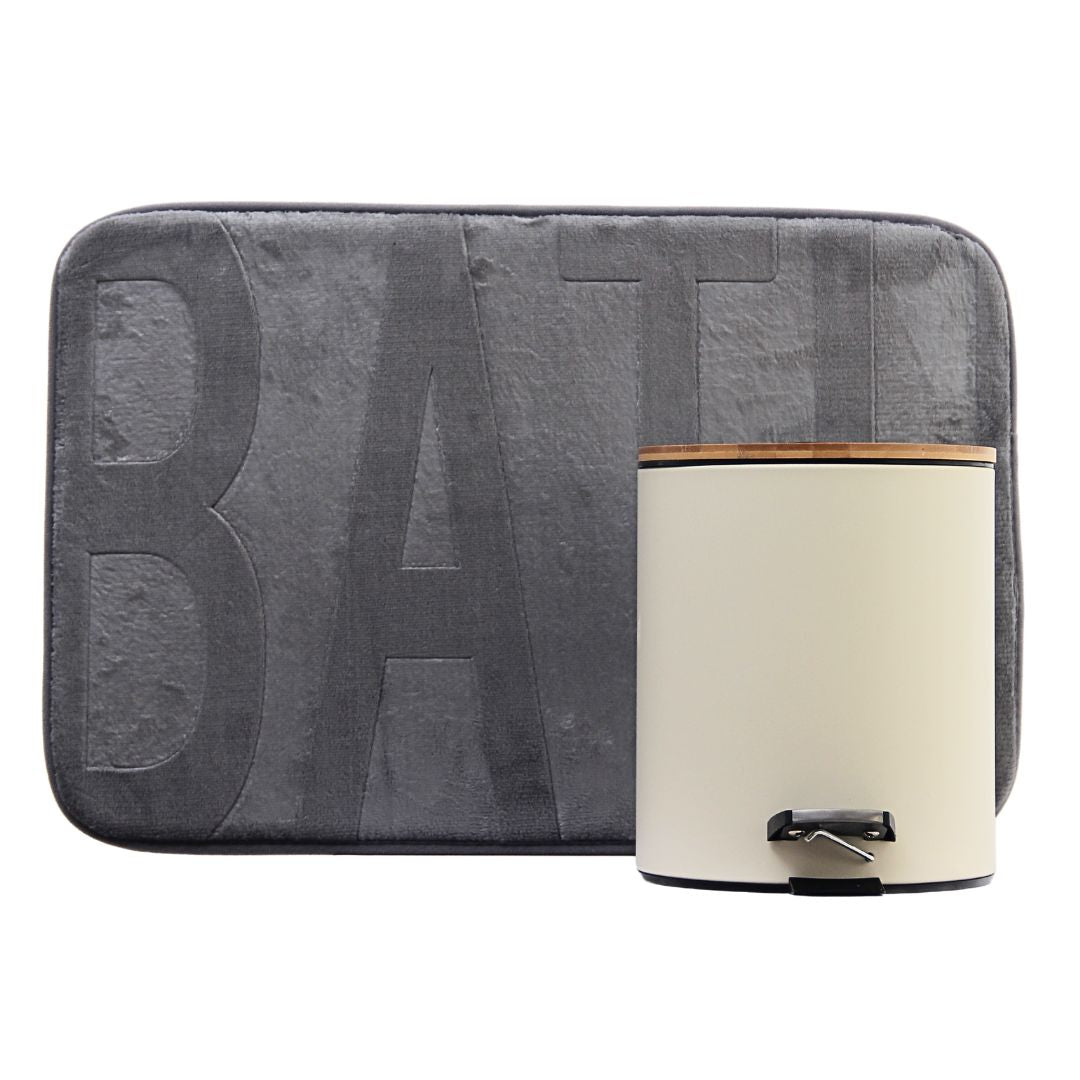 Pack 2 Piezas Alfombra Bath Gris/Tacho Tapa Bamboo Beige