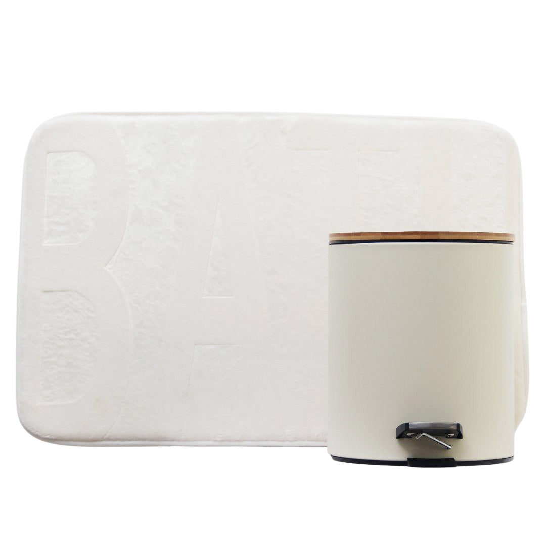 Pack 2 Piezas Alfombra Bath Blanca/Tacho Tapa Bamboo Beige