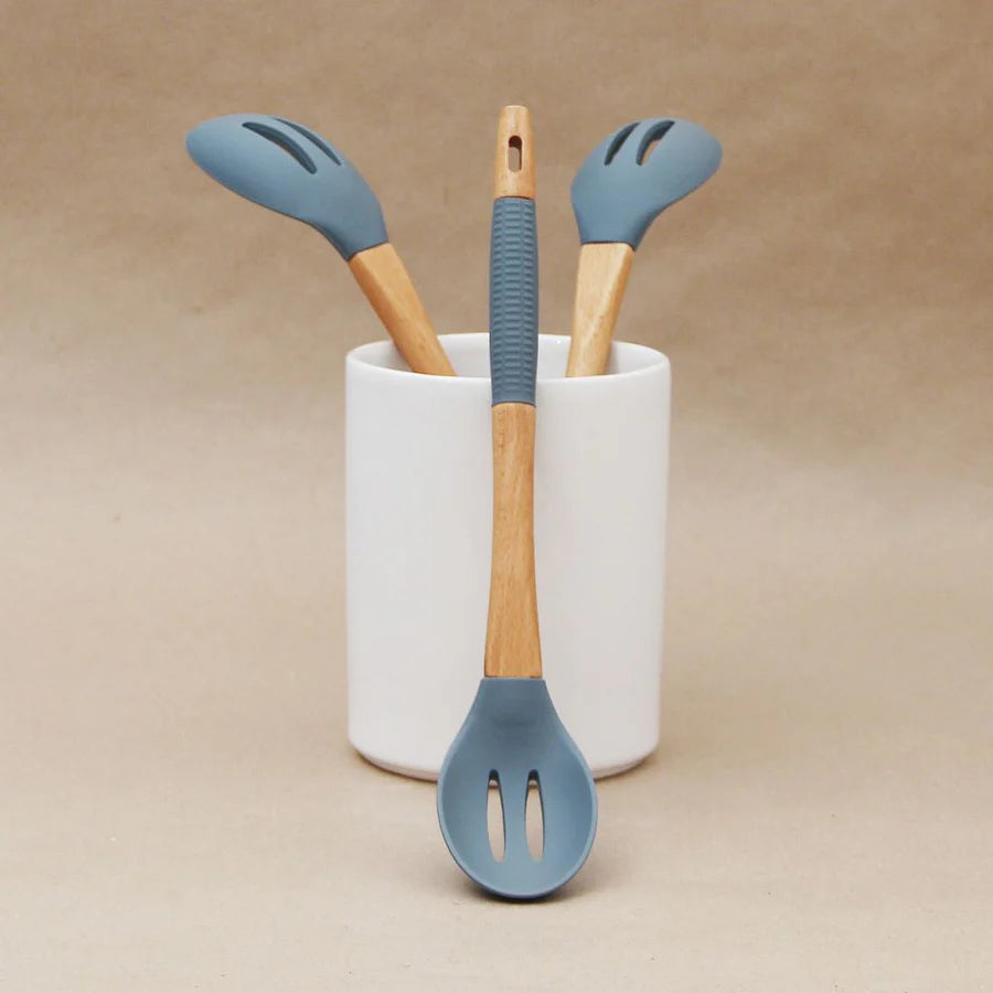 Pack 3 Utensilios Gris/Cucharón/Cuchara Pasta/Cuchara Agujereada