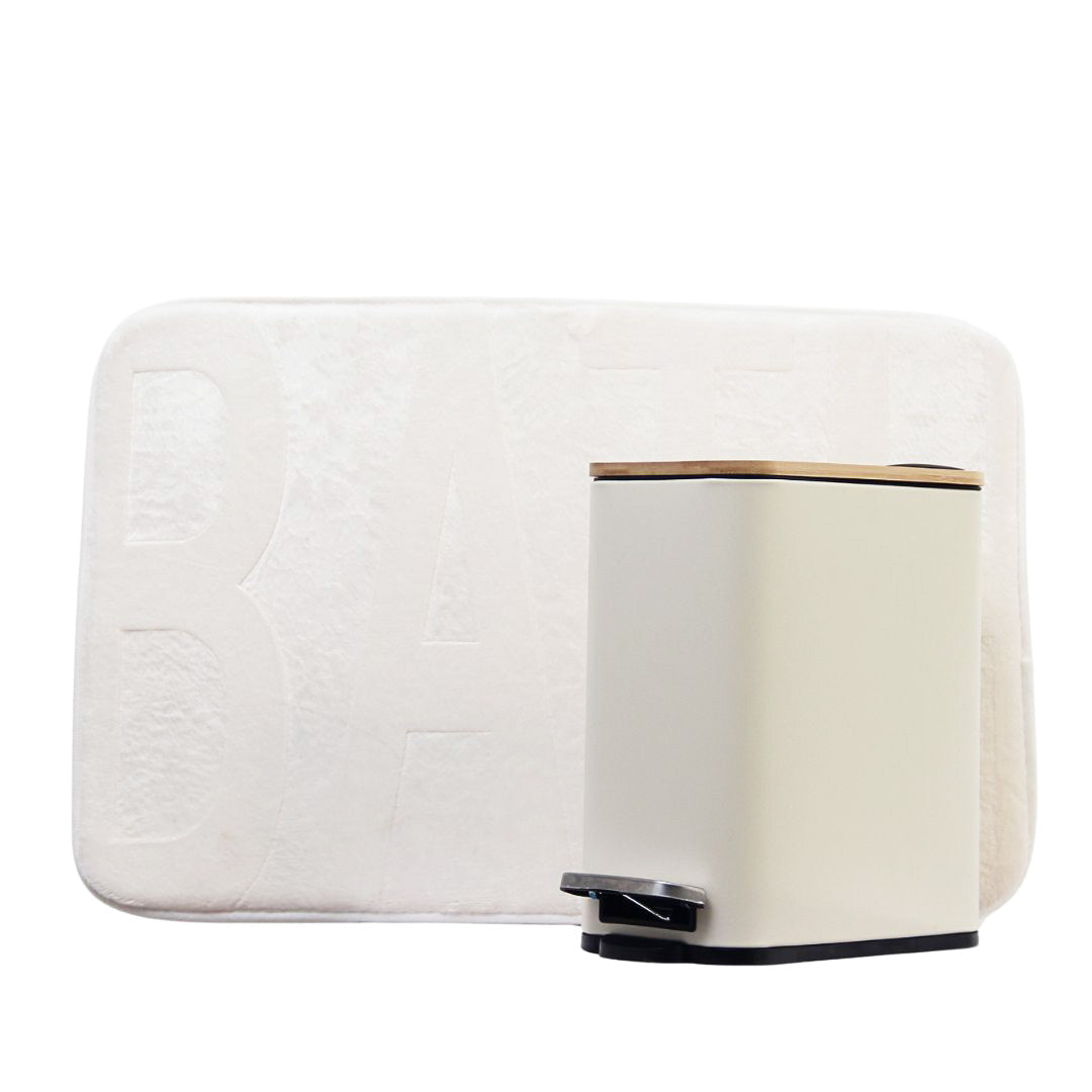 Pack 2 Piezas Alfombra Bath Blanca/Tacho Rectangular Tapa Bamboo Beige