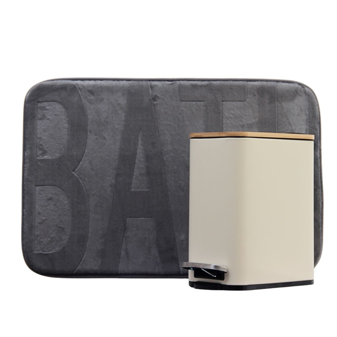Pack 2 Piezas Alfombra Bath Gris/Tacho Rectangular Tapa Bamboo Beige