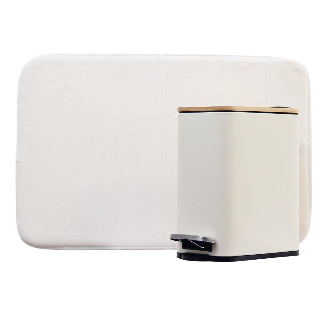 Pack 2 Piezas Alfombra Line Blanca/Tacho Rectangular Tapa Bamboo Beige