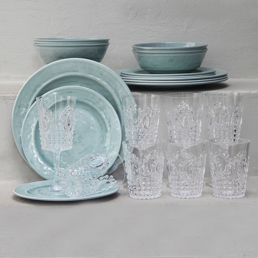 Juego 20 Piezas Melamina Verde Aqua/Vasos-Copas Imperial
