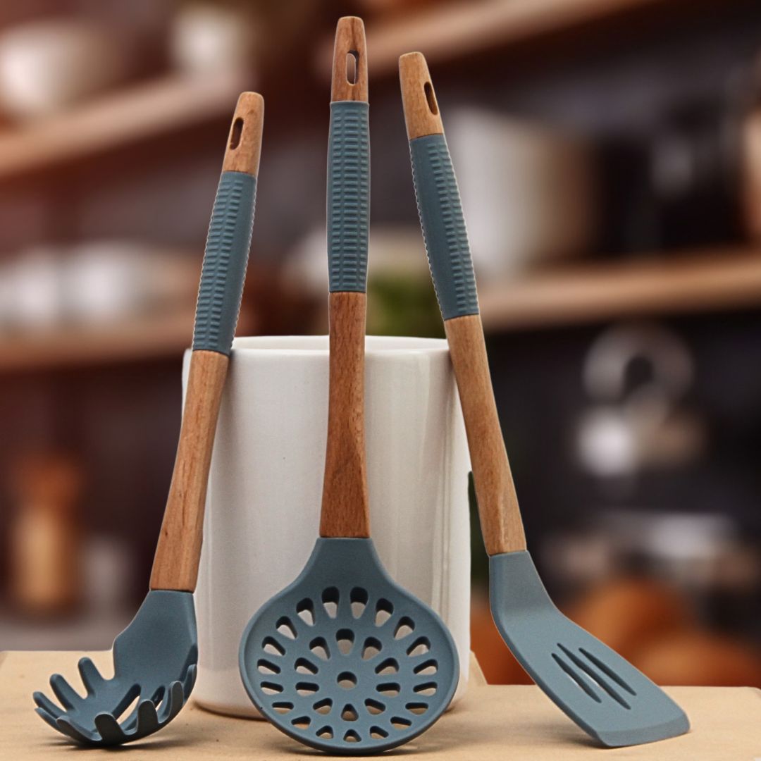 Pack 3 Utensilios Gris/Espumadera/Cuchara Pasta/Espátula Acanalada