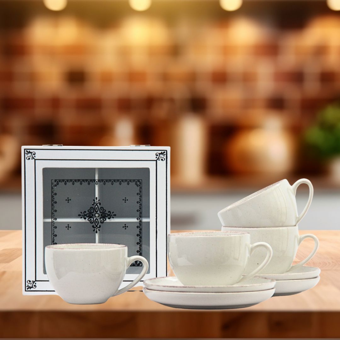 Pack 4 Tazas de té Positano Crema/Caja de té Infusions 18cmx18cmx7cm