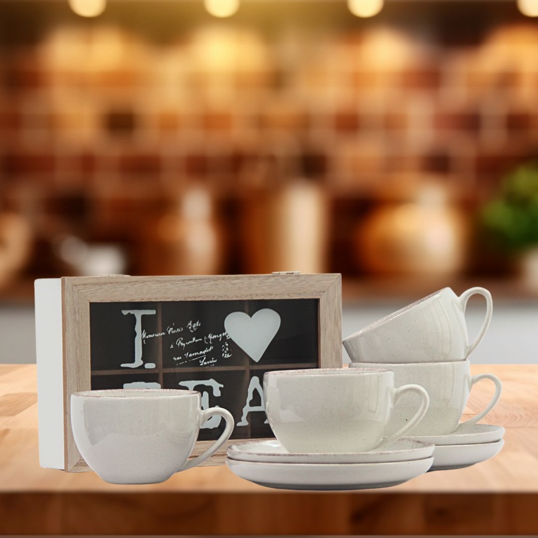 Pack 4 Tazas de té Positano Crema/Caja de té tapa brown 24cmx17cmx7cm