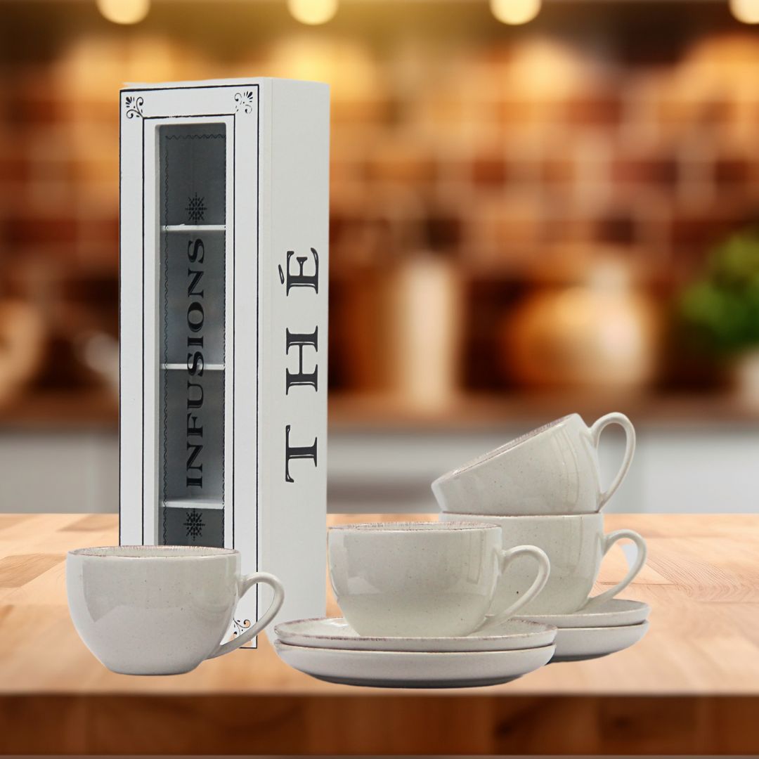 Pack 4 Tazas de té Positano Crema/Caja de té infusions 33cmx11cm x9 cm