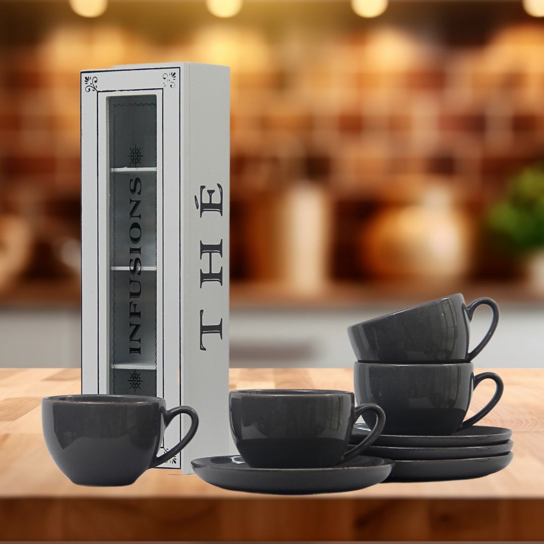 Pack 4 Tazas de té Positano Gris/Caja de té infusions 33cmx11cm x9 cm