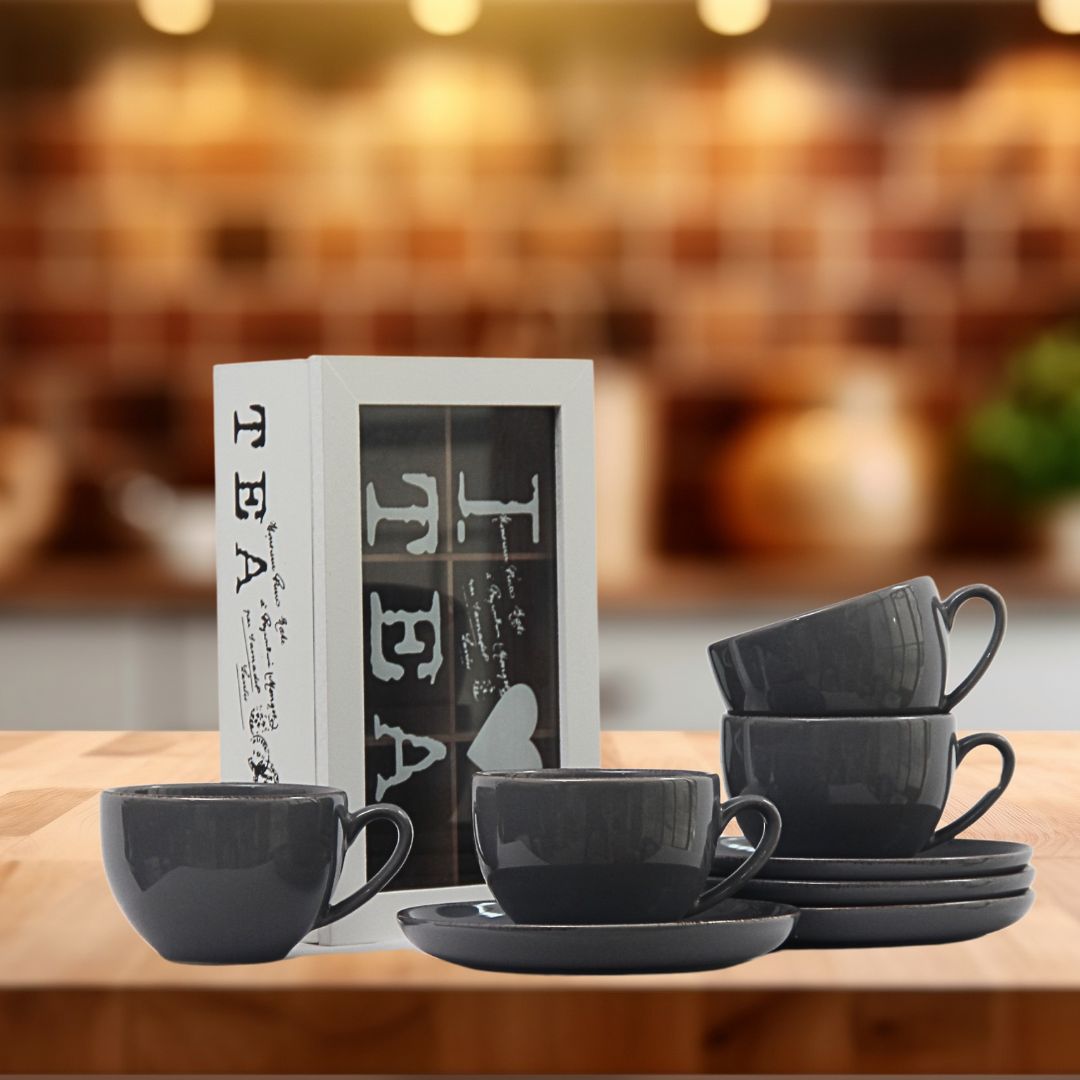 Pack 4 Tazas de té Positano Gris/Caja de té Vintage 24cmx15,5cmx8cm