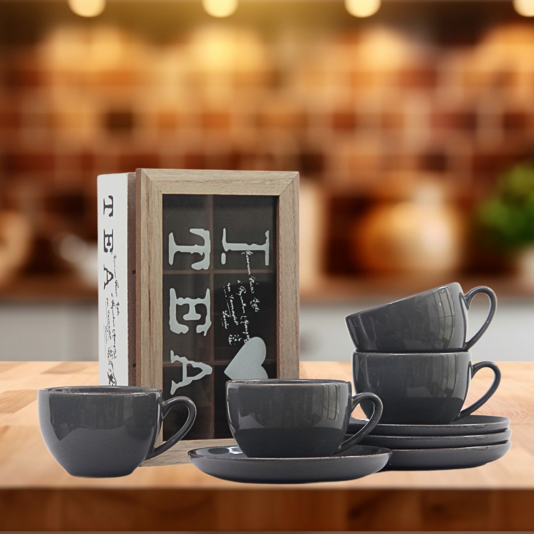 Pack 4 Tazas de té Positano Gris/Caja de té tapa brown 24cmx17cmx7cm