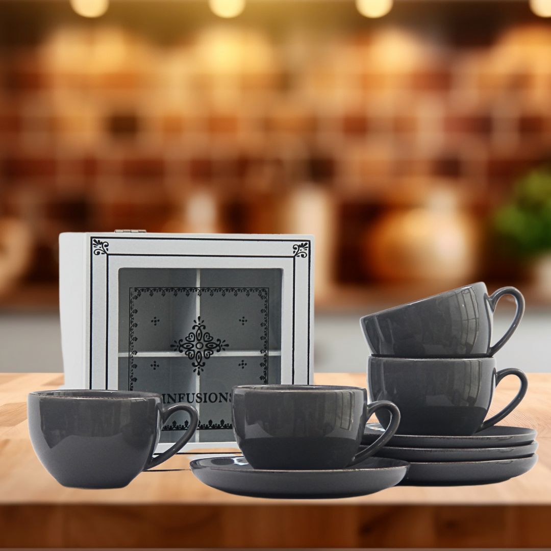 Pack 4 Tazas de té Positano Gris/Caja de té Infusions 18cmx18cmx7cm