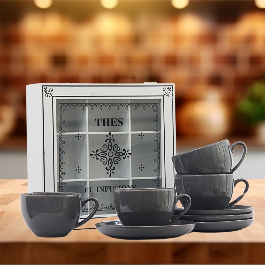 Pack 4 Tazas de té Positano Gris/Caja de té infusions 24cmx24cmx8cm