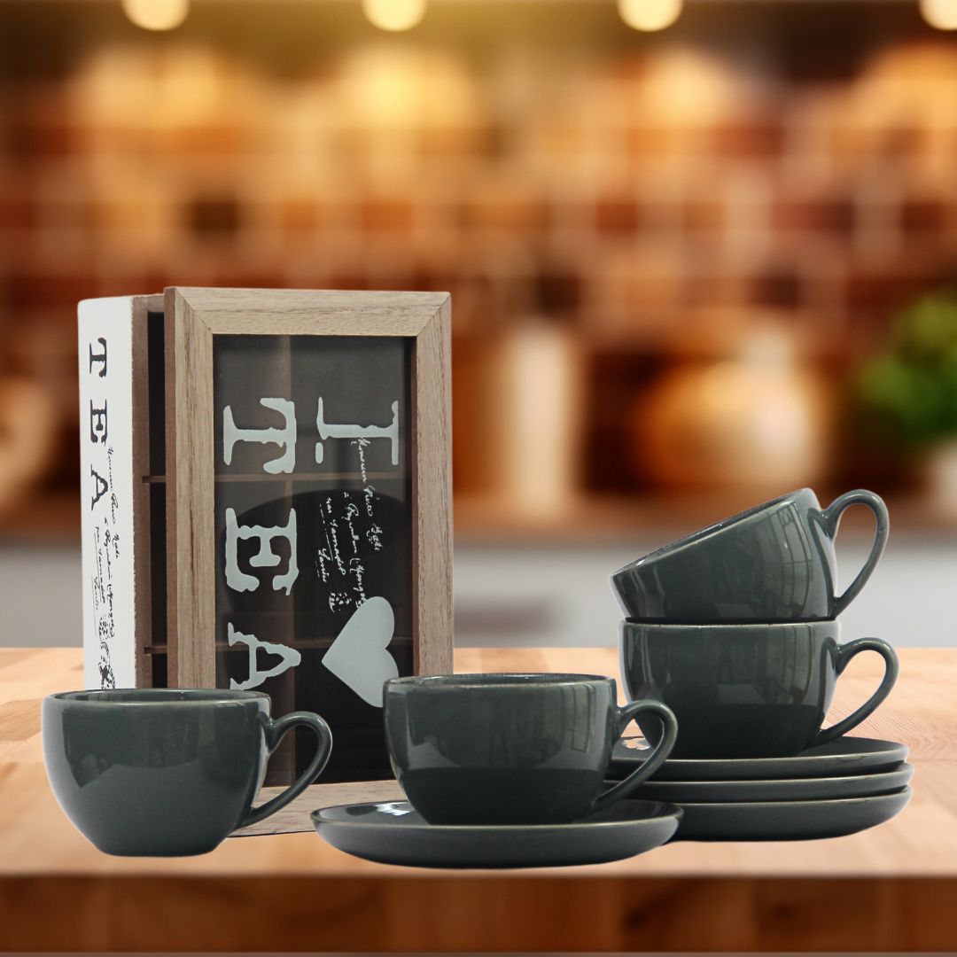 Pack 4 Tazas de té Positano Verde/Caja de té tapa brown 24cmx17cmx7cm