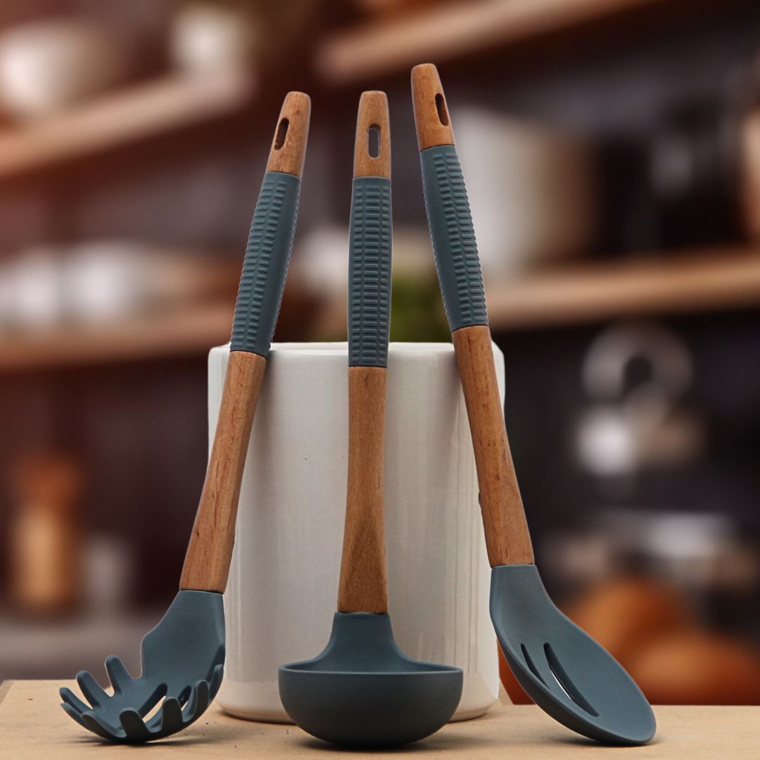 Pack 3 Utensilios Gris/Cucharón/Cuchara Pasta/Cuchara Agujereada