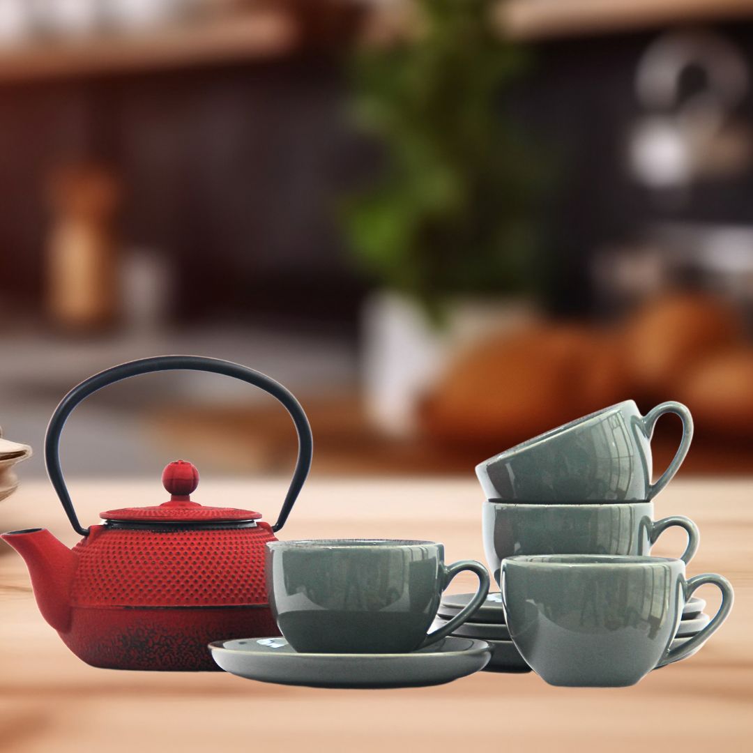 Pack 4 Tazas Positano Verde/Tetera Hierro Rojo