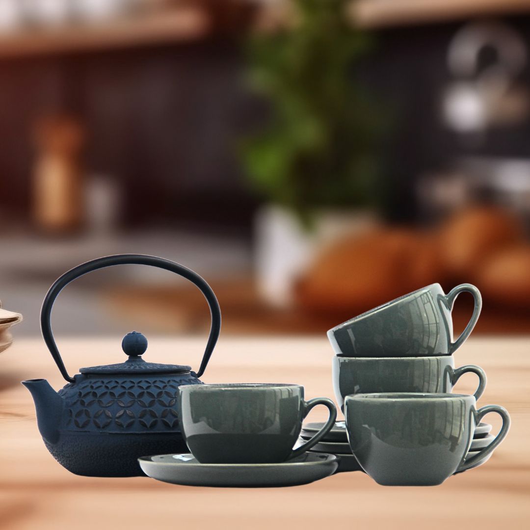 Pack 4 Tazas Positano Verde/Tetera Hierro Azul