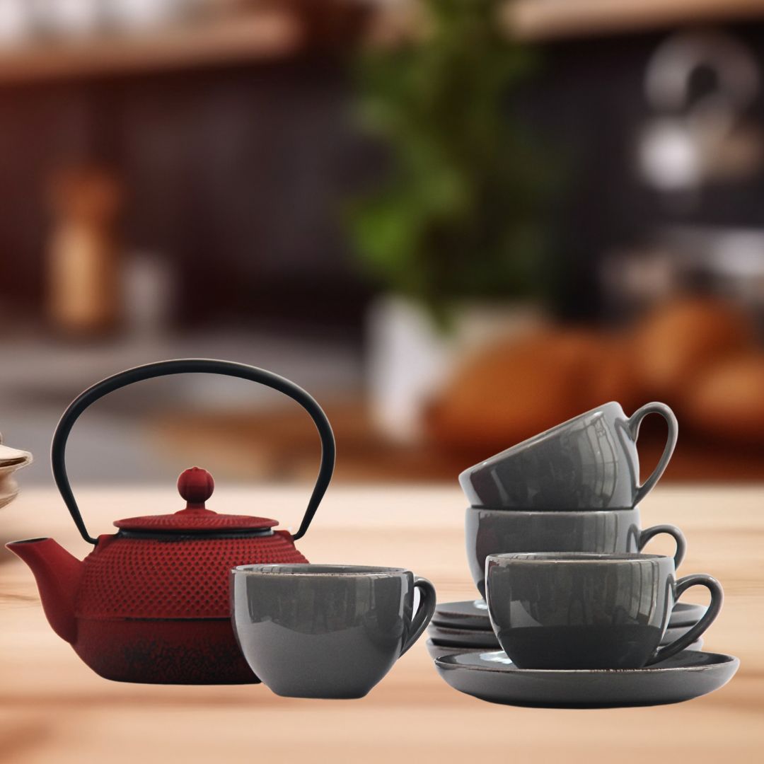 Pack 4 Tazas Positano Gris/Tetera Hierro Rojo