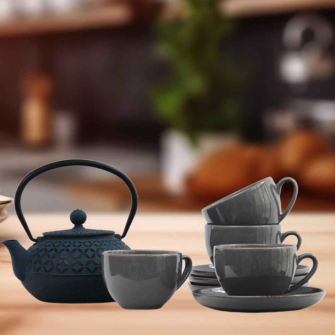 Pack 4 Tazas Positano Gris/Tetera Hierro Azul