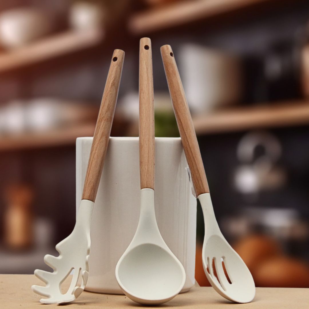 Pack 3 Utensilios Blanco/Cuchara Pasta/Cucharón/Cuchara Agujereada