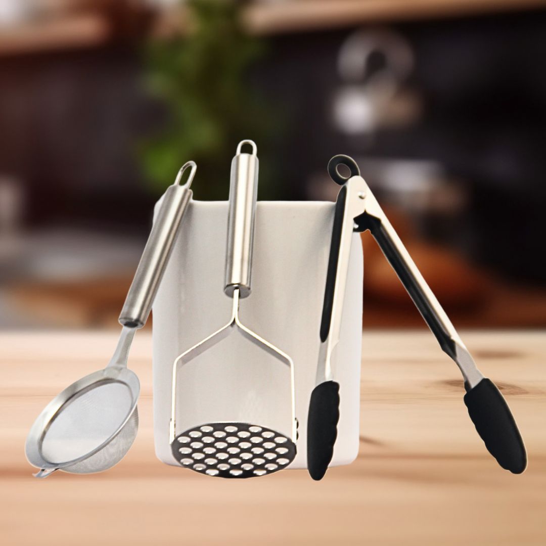 Pack 3 Utensilios/Colador/Pisa Papas/Pinza Acero Grip 23 cm