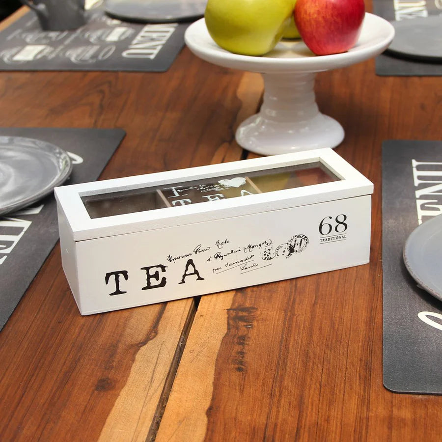 Pack 4 Tazas de Té Positano Gris/Caja de té Vintage 23cmx9cmx7cm