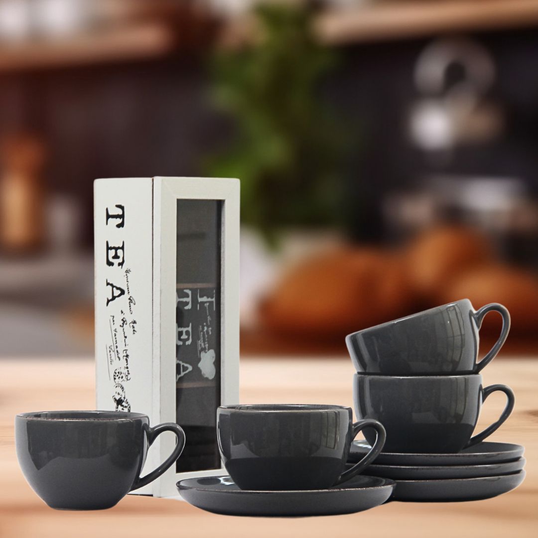 Pack 4 Tazas de Té Positano Gris/Caja de té Vintage 23cmx9cmx7cm