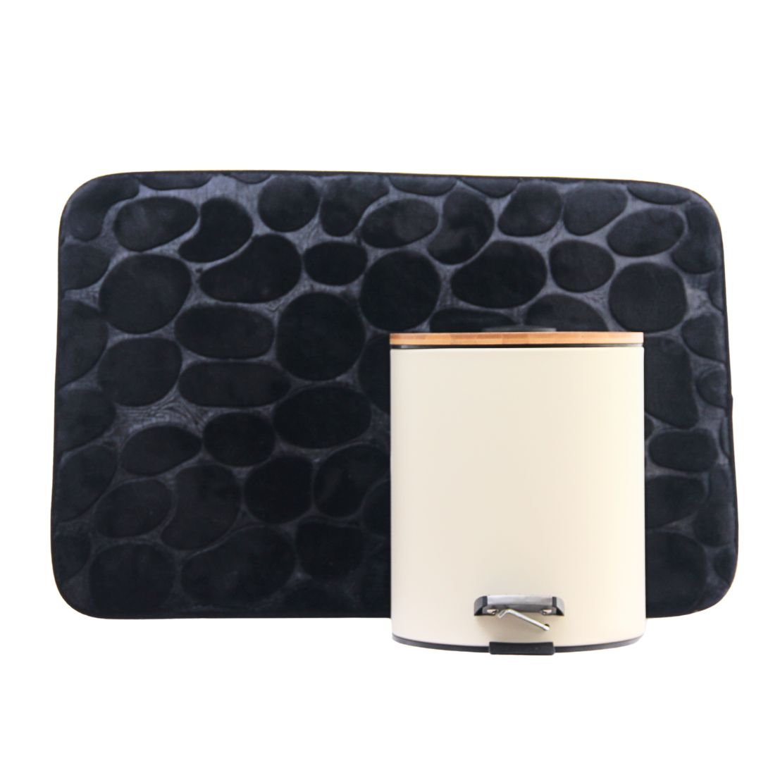 Pack 2 Piezas Alfombra Piedras Black/Tacho Tapa Bamboo Beige