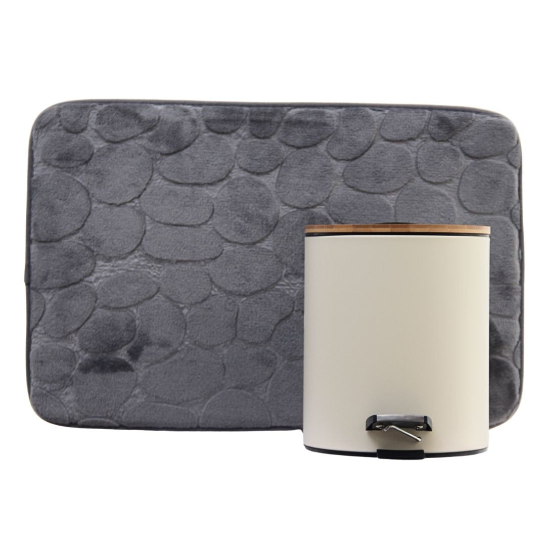 Pack 2 Piezas Alfombra Piedras Gris/Tacho Tapa Bamboo Beige