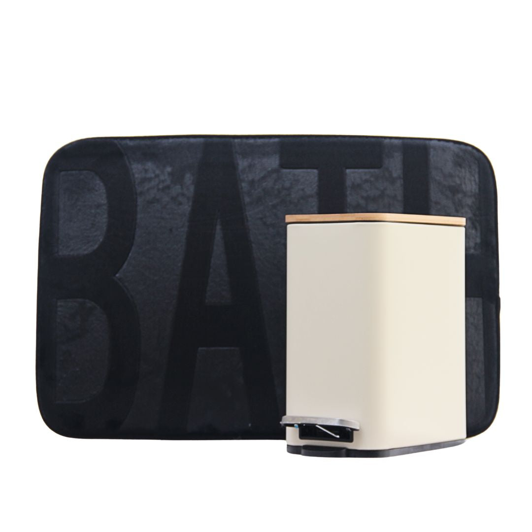Pack 2 Piezas Alfombra Bath Negra/Tacho Rectangular Tapa Bamboo Beige