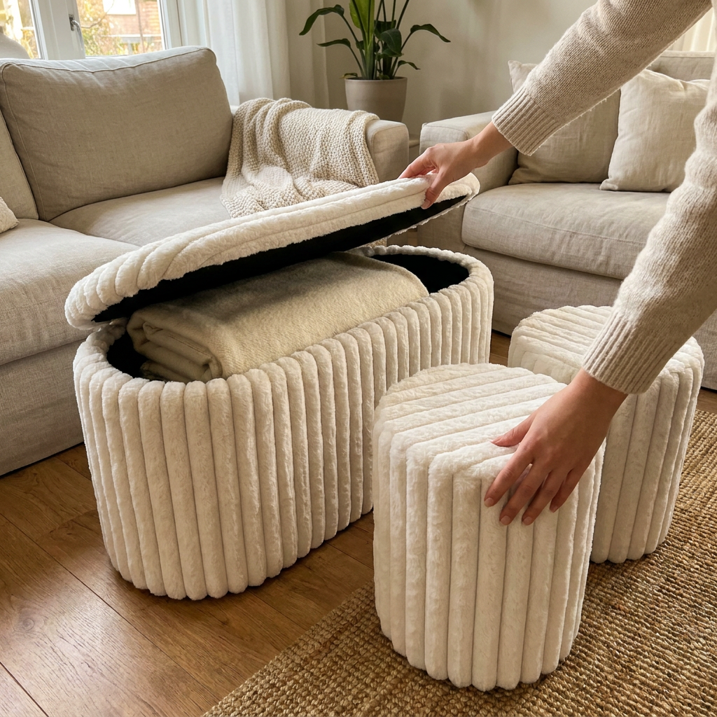 Banqueta & Puffs Storage Velvet Crema (Set x3)