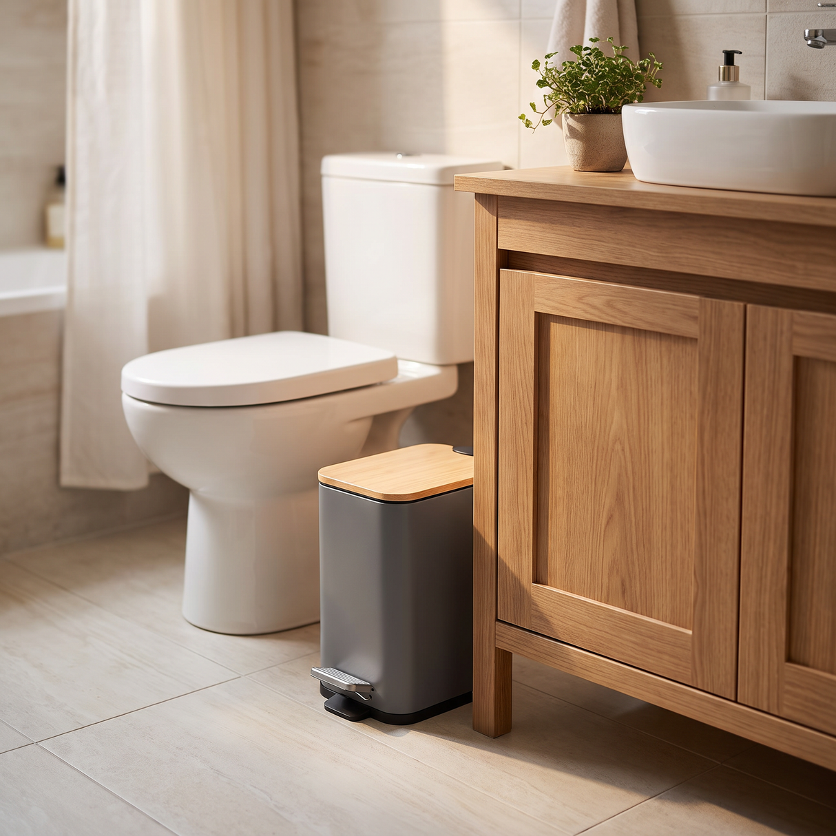 Tacho Rectangular con Tapa de Bambú Cierre Soft 5L Gris