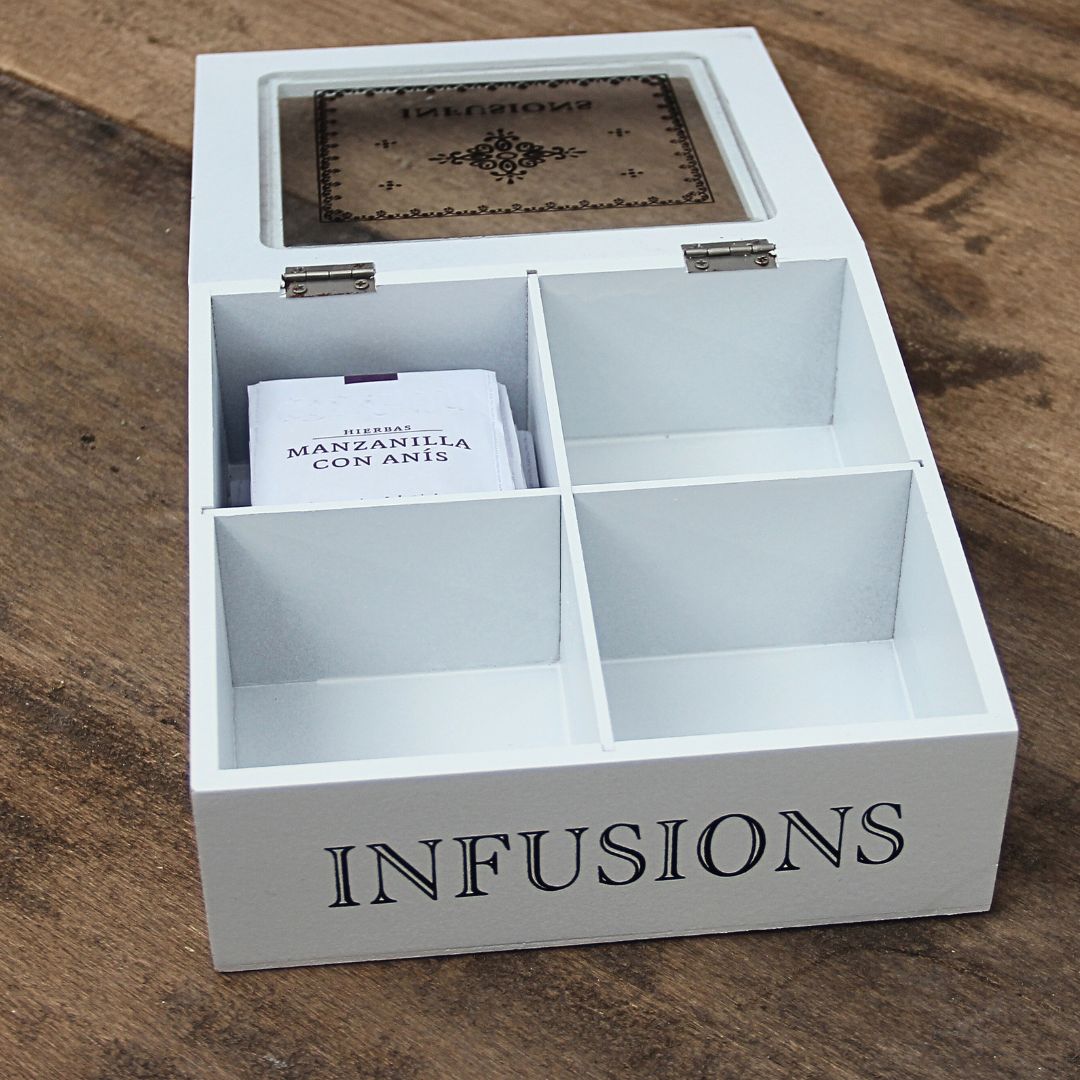 Pack 4 Tazas de té Positano Gris/Caja de té Infusions 18cmx18cmx7cm