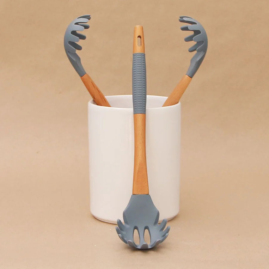 Pack 3 Utensilios Gris/Espumadera/Cuchara Pasta/Espátula Acanalada