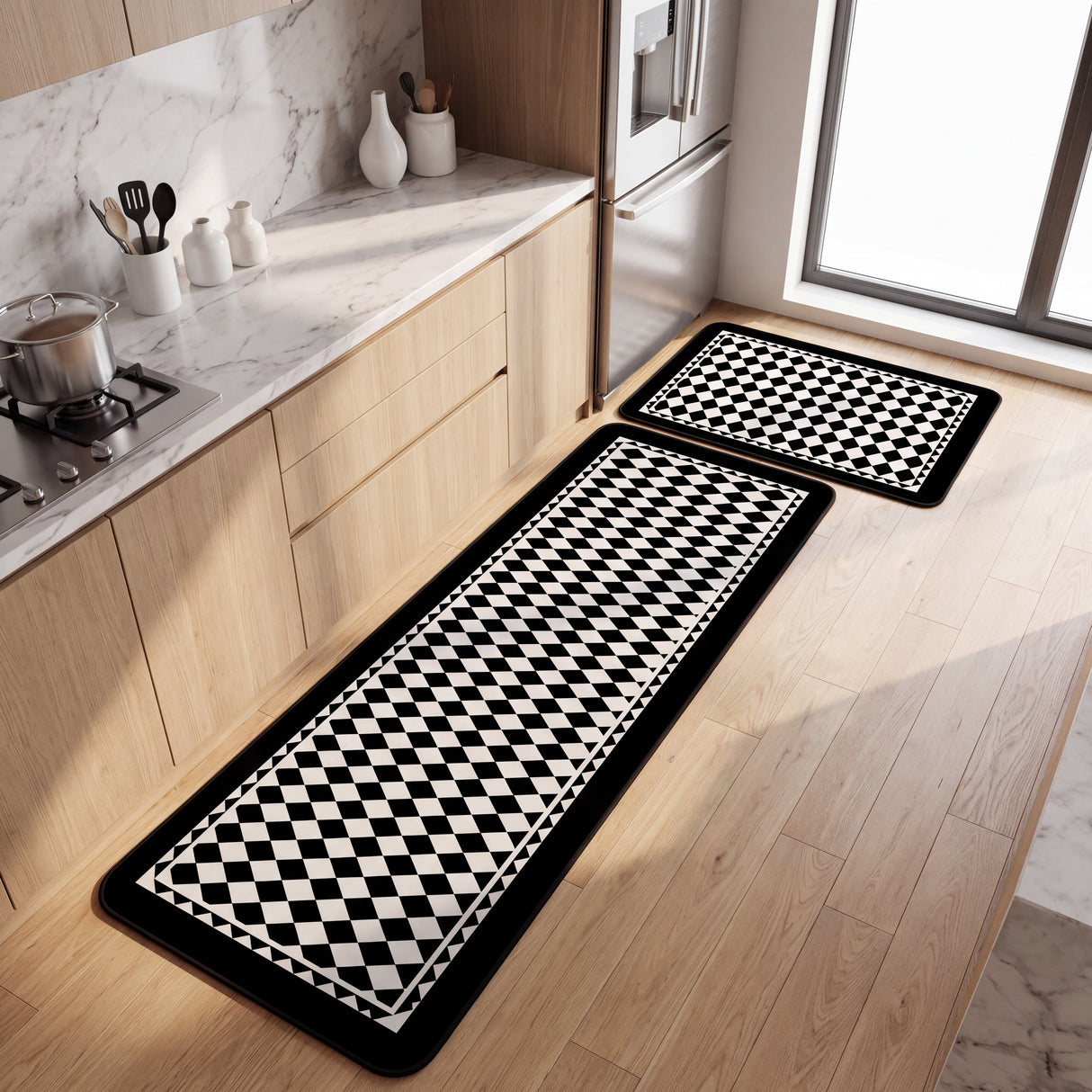 Set Alfombras Antideslizantes Damero Blanco y Negro