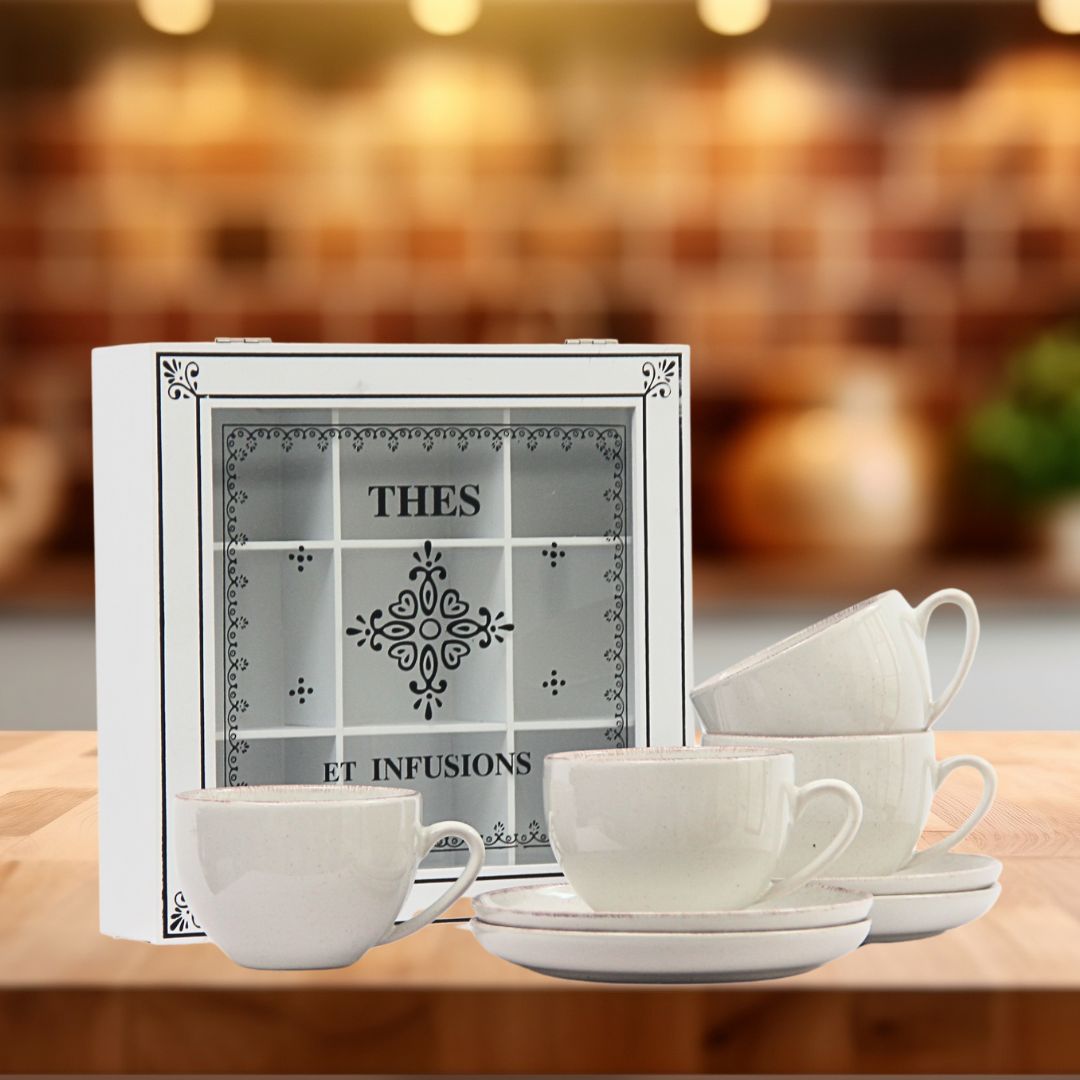 Pack 4 Tazas de té Positano Crema/Caja de té infusions 24cmx24cmx8cm